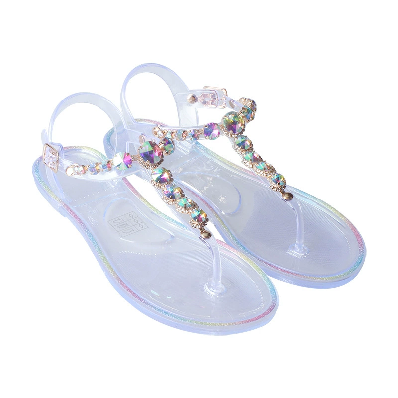 Transparent PVC Beach Sandals with Rhinestone Chain, Women’s Summer Flip-Flops, Sizes 36–42