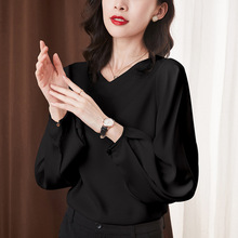 雪纺衬衫女2023秋季新款黑色V 领宽松长袖韩版气质灯笼袖洋气小衫