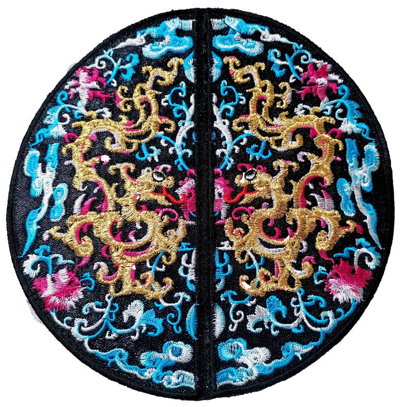 中国风双龙布贴 中式唐装衣服熨烫补丁贴花 传统刺绣圆形胸口布贴