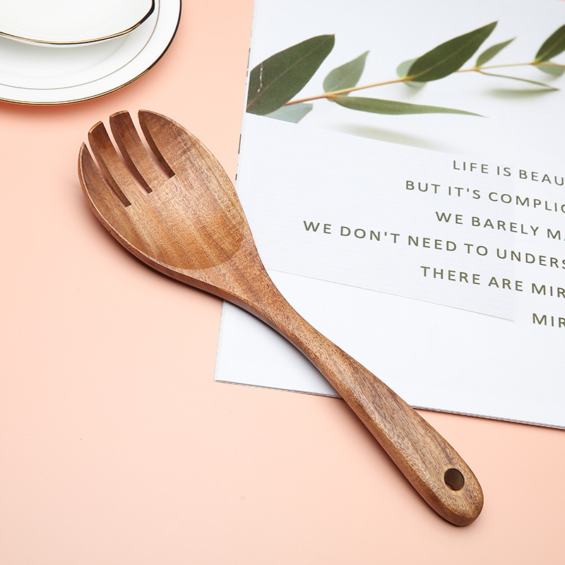 Cuchara de madera de estilo japonés Tenedor de madera de acacia cuchara de madera maciza cuchara de arroz para el hogar pequeña ensalada para cocinar cuchara de agitación Tenedor letras