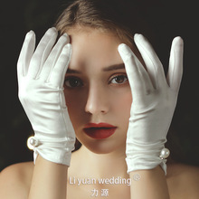新款新娘婚纱礼服手套短款薄纱珍珠白色手套