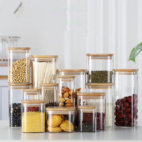 High borosilicate square glass sealed jar kitchen miscellaneous grains moisture-proof storage storage jar bamboo lid glass sealed tea jar