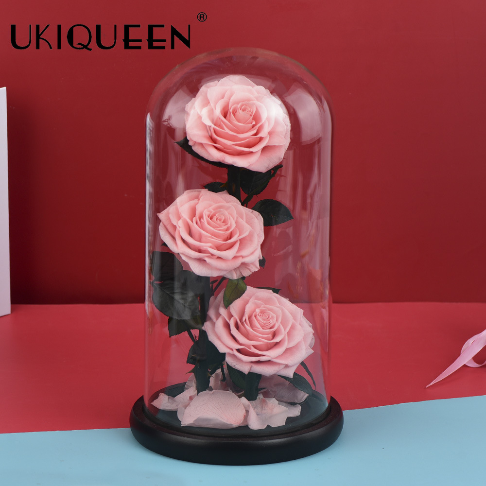 Flor eterna, tres rosas en una cúpula de cristal, producto terminado, decoración de regalo, ramo de flores, caja de regalo, flores preservadas que no se marchitan