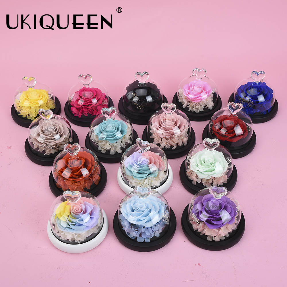 Pequeña rosa eterna en cúpula de cristal, producto terminado, regalo de San Valentín, adorno de alta gama, fabricante de Amazon, venta al por mayor