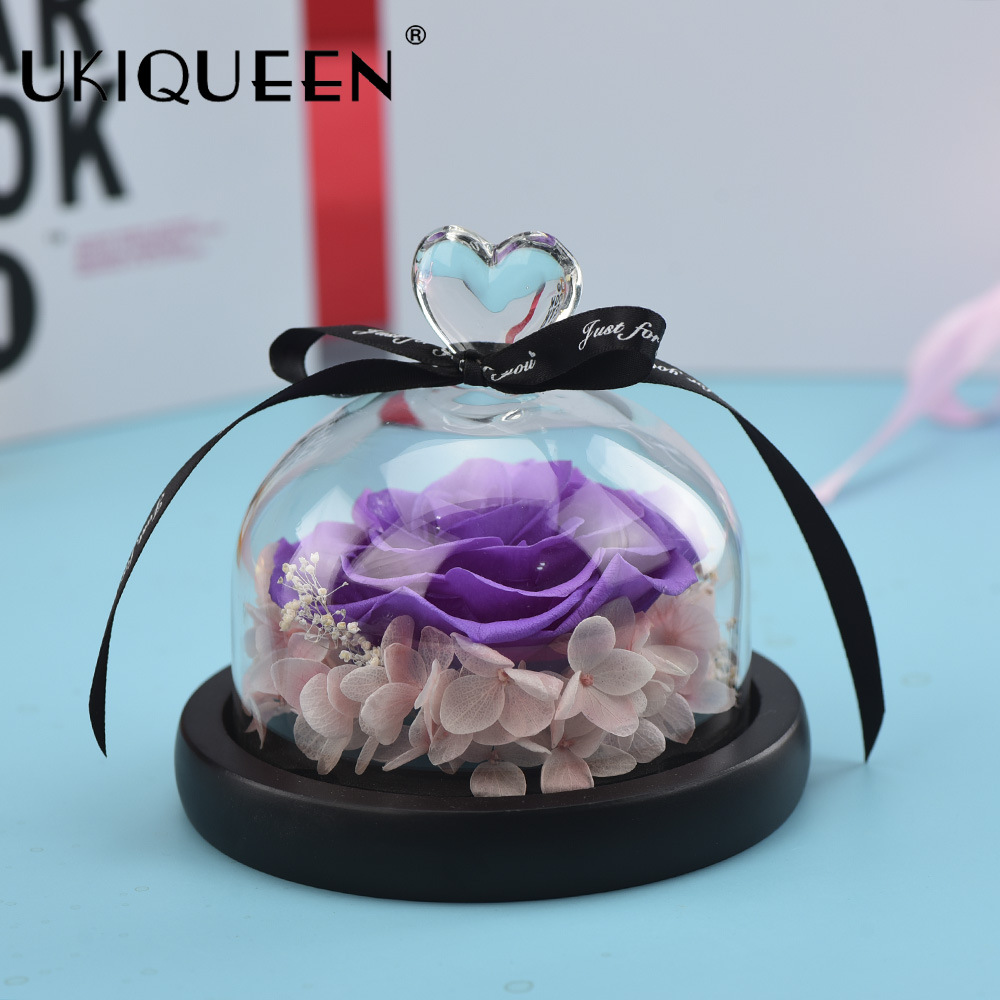 Pequeña rosa eterna en cúpula de cristal, producto terminado, regalo de San Valentín, adorno de alta gama, fabricante de Amazon, venta al por mayor