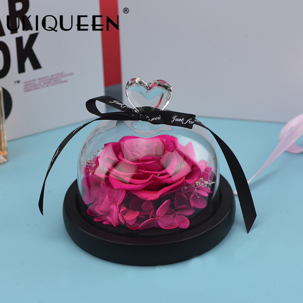 Pequeña rosa eterna en cúpula de cristal, producto terminado, regalo de San Valentín, adorno de alta gama, fabricante de Amazon, venta al por mayor