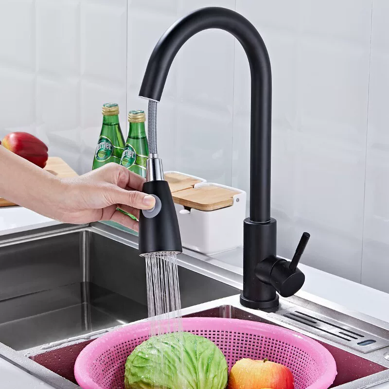 Кухонный кран Aodi SUS304 черный нержавеющая сталь, вращение на 360°, защита от разбрызгивания, выдвижной излив, шланг 60 см