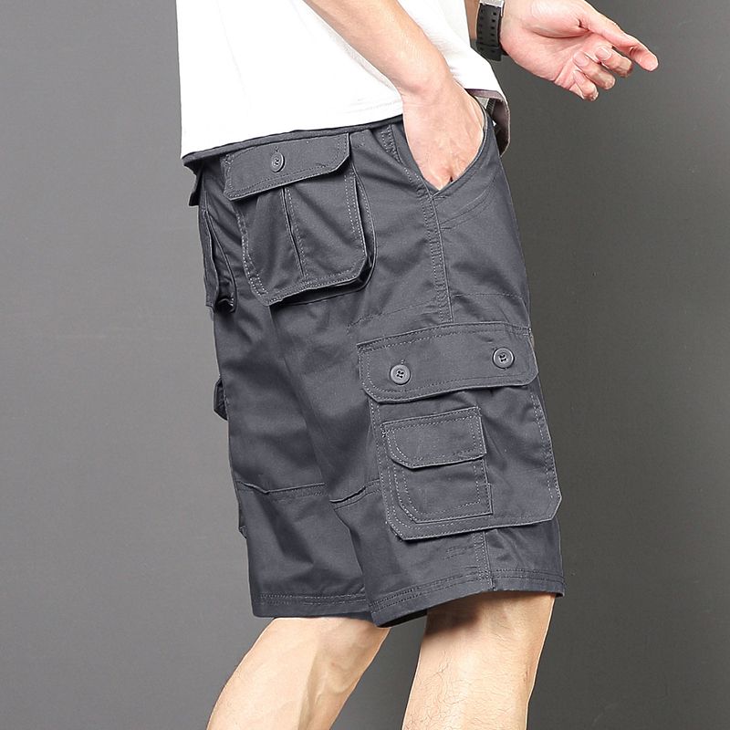 Plus tamaño pantalones medios pantalones cortos casuales de verano multi-bolsillo de los hombres sueltos rectos pantalones cortos de algodón lavado
