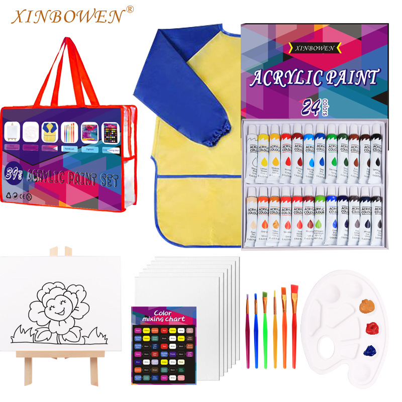 Amazon MSDS pintura 39 piezas educación temprana de los niños caballete pintura DIY paleta babero pintura cepillo