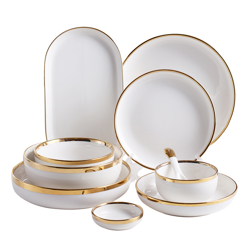 Nordic Ins Light Luxury Bowl and Plate Set, Internet-Famous Household Dining Bowls, Ceramic Tableware, Electroplated Gold Dish Set Gift Box
