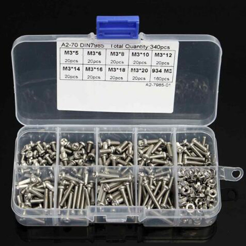 340件箱式M3十字圆头螺丝螺帽套装304不锈钢螺钉紧固件配套工具组