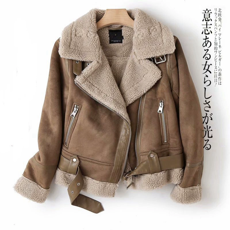 Women's Suede Motorcycle Jacket, Thickened Shearling Lining, Large Lapel, XS–XL