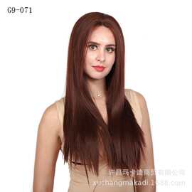 假发 欧美女士前蕾丝假发红棕色长直发化纤大面积蕾丝假发头套