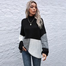 亚马逊跨境外贸毛衣秋冬欧美长袖打底时尚百搭拼色宽松高领针织衫