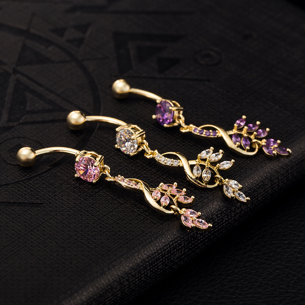 Belly Button Ring With Floral Diamond Stud Piercing Jewelry_voghion.com