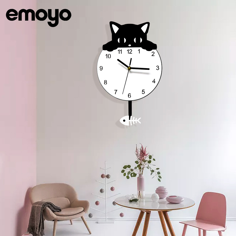 Moderno minimalista creativo habitación de los niños swing Reloj de pared sala de estar hogar decorativo reloj mudo pared gato Reloj de pared