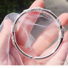 白铜镀银手镯开口花丝女生手工镀银饰牡丹花圆棍手环饰品婚庆礼物