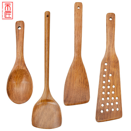 One Wood One Craftsman cooking spatula set LOGO wooden long handle cooking spatula non-stick wooden spatula