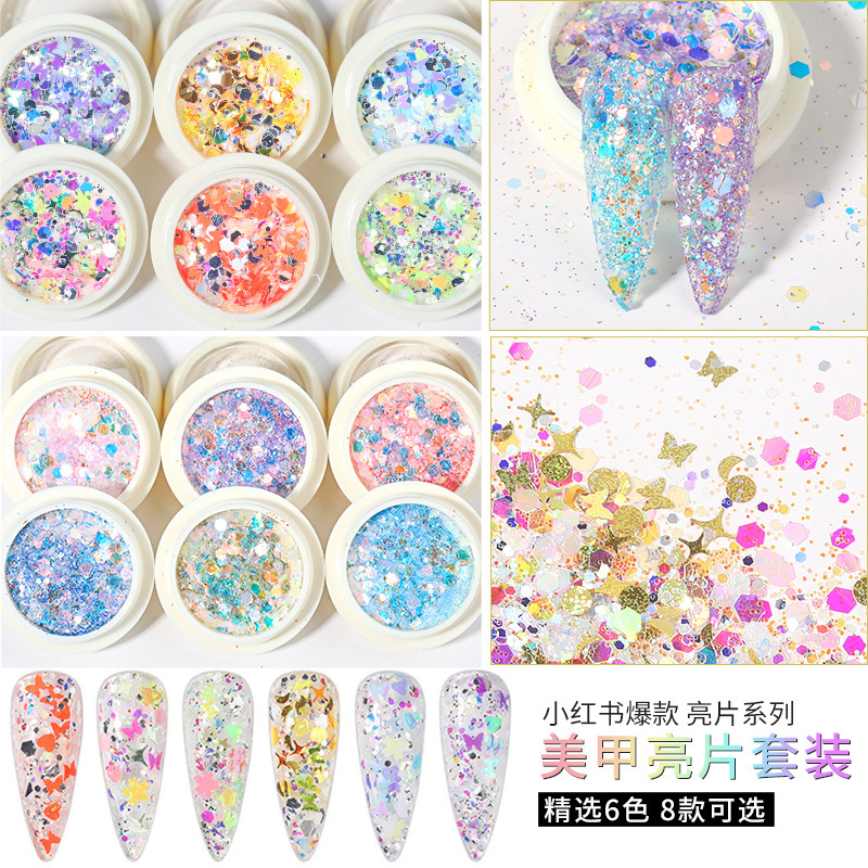 Nuevo set de decoración de uñas con purpurina de 6 colores, purpurina mixta con efecto láser degradado, purpurina para decoración de uñas con efecto ojo de hada