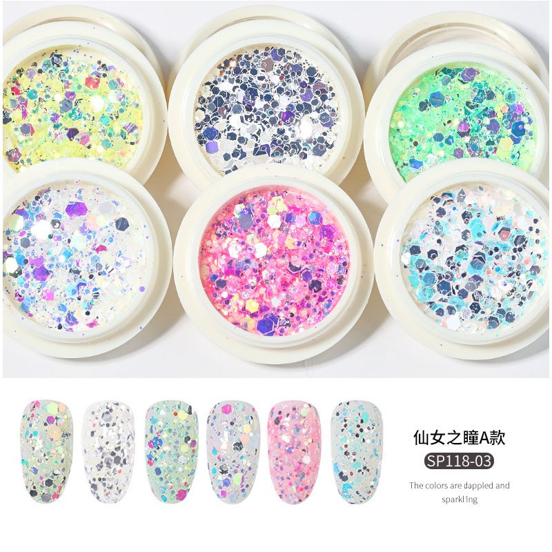 Nuevo set de decoración de uñas con purpurina de 6 colores, purpurina mixta con efecto láser degradado, purpurina para decoración de uñas con efecto ojo de hada