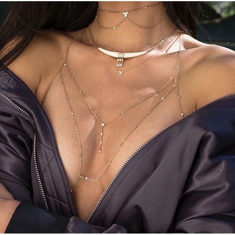 Caliente sexy collar flash diamante colgante borla cuerpo cadena pecho cadena bikini tridimensional cadena trasera accesorios sin respaldo