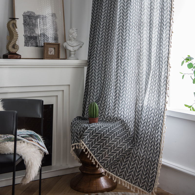 Minimalistischer, geometrisch gestreifter, grauer, trapezförmiger Quastenstoff aus Polyester-Baumwolle für Zuhause und Gästezimmer, Fertigvorhang_voghion.com