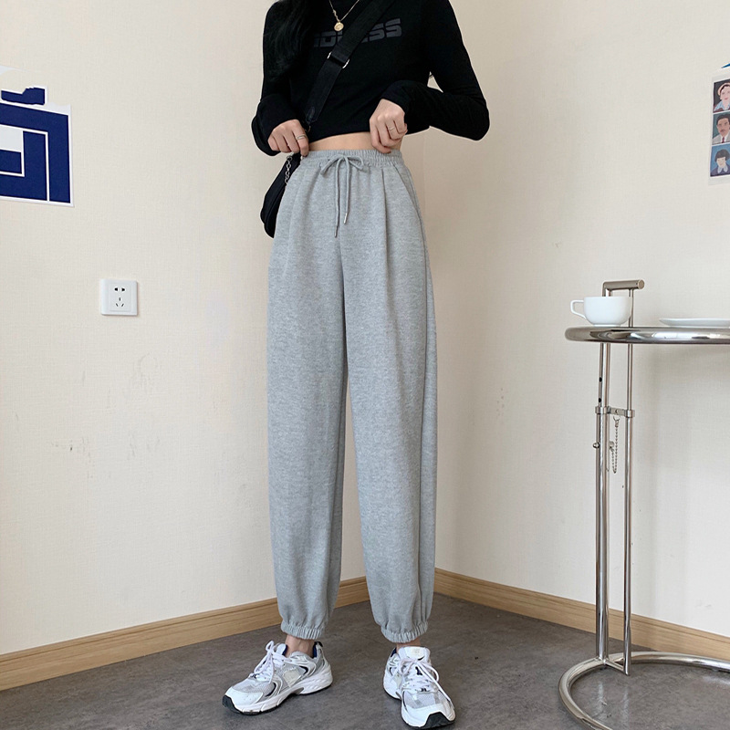 Stile sottile autunnale con elastico in vita in cotone sportivo ampio allacciato alla caviglia da donna Harlan, pantaloni casual a vita alta_voghion.com