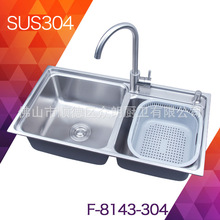 304不锈钢厨房水槽小R加厚一体成型大双槽洗菜池双盆8143家用