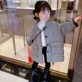 童装2025女童秋冬装新款千格鸟洋气呢料廓形长款大衣休闲外套潮