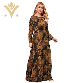 新款大码女装连衣裙黑色荷花圆领长袖印花大摆裙亚马逊爆款民族风