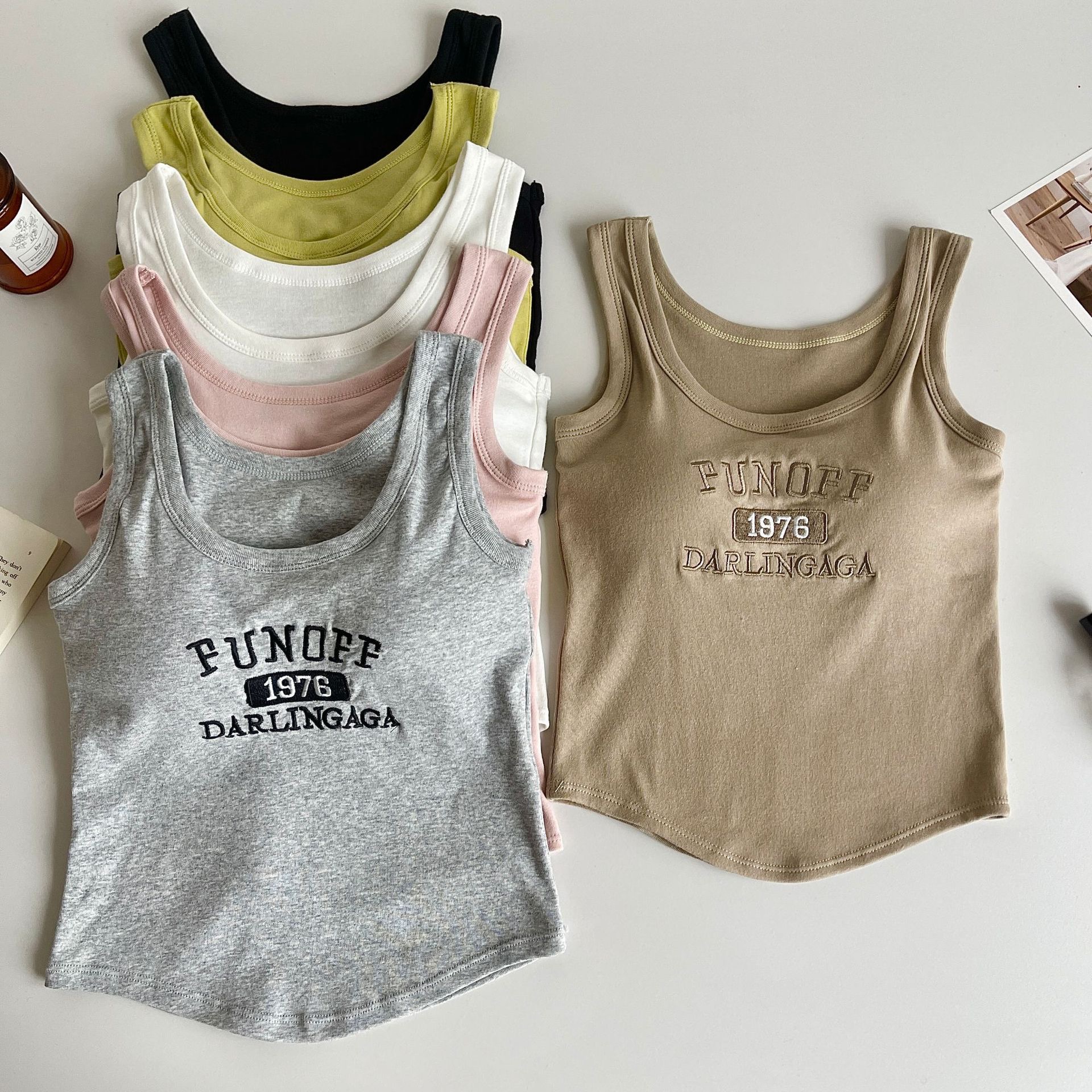 Shake shop explosions hot girl embroidered camisole long sleeveless outer wear slim fit with chest pad sports beautiful back top