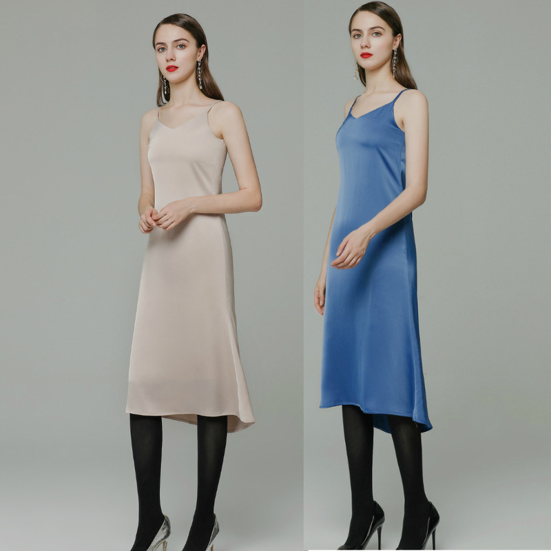 in stock wholesale autumn new sexy silk sling extended professional bottoming large pendulum acetic acid fabric dress