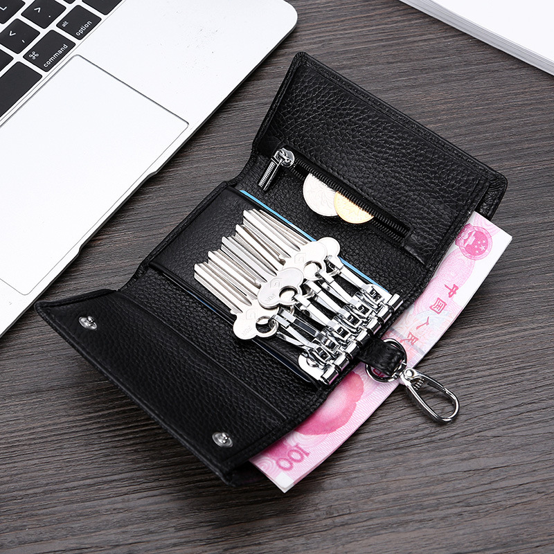 Genuine Leather Key Bag Men's and Women's Multi-Functional Tri-Fold Wallet Top Layer Cowhide Keychain Bag Fashionable Trendy Card Slot Coin Purse