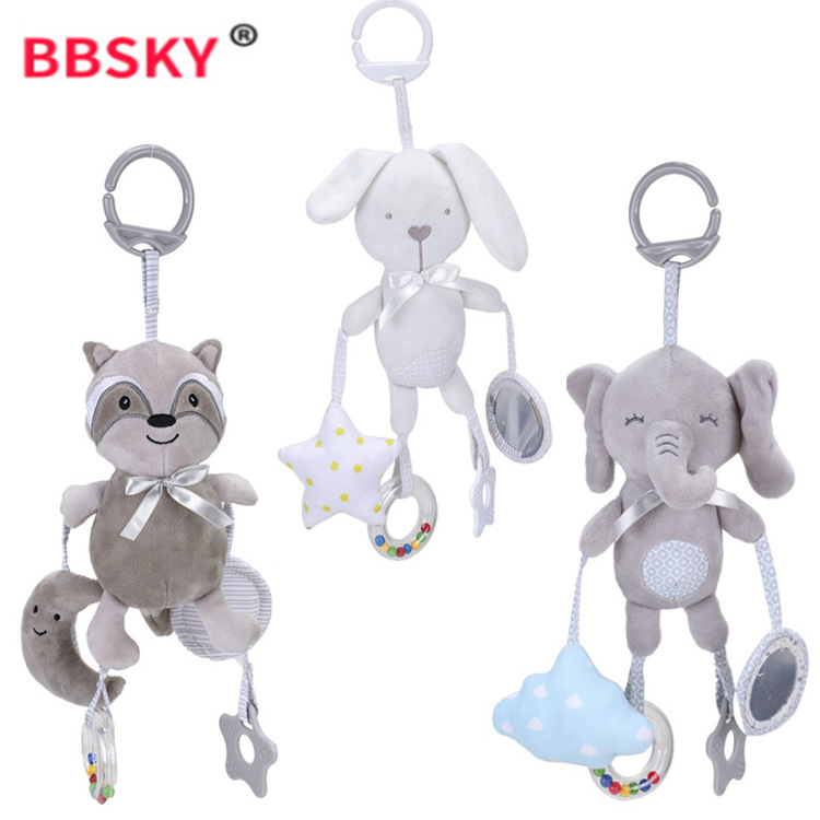 Bebé animal de dibujos animados música mordedor colgante BB llamada jingle torno colgante Hahaha espejo bebé juguete de peluche