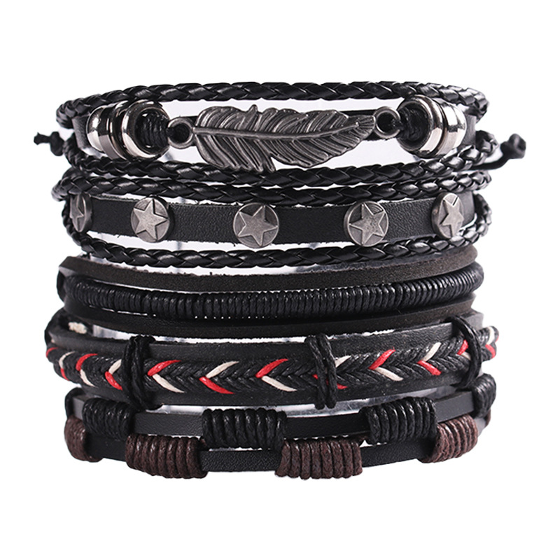 Retro multi-layer cowhide punk bracelet wholesale leaves stars alloy leather woven jewelry cross-border explosions