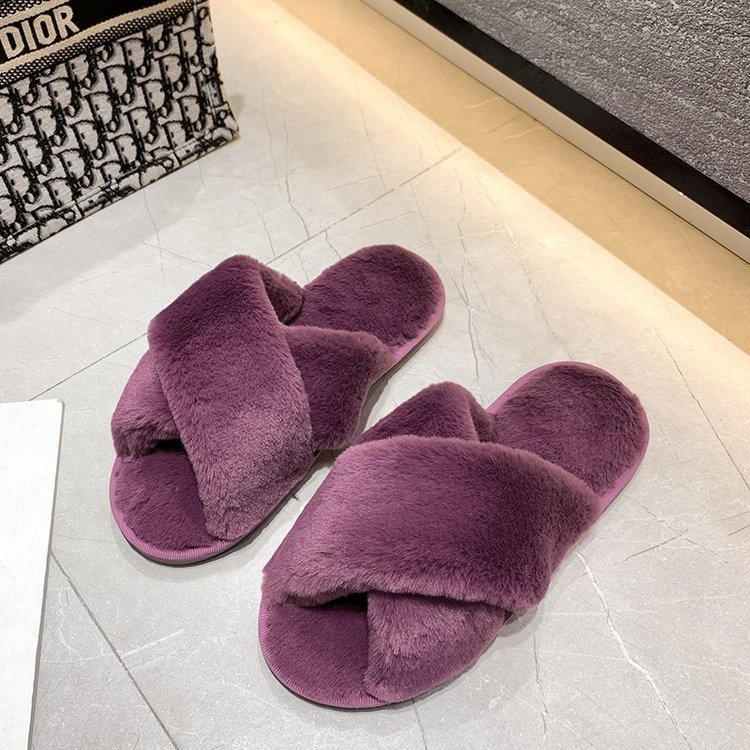 Zapatillas de felpa de invierno de las mujeres casa interior felpa piso plano zapatillas punta abierta Cruz flip flops Zapatillas de algodón caliente