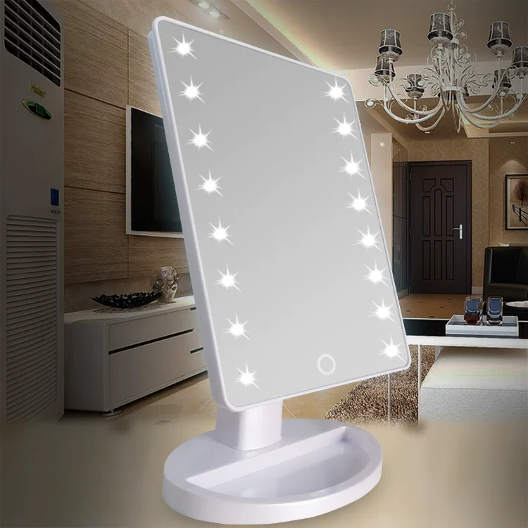 LED косметическое зеркало с сенсорной панелью, настольное зеркало для макияжа, 16 или 22 огня, вращение на 360° с лотком для хранения