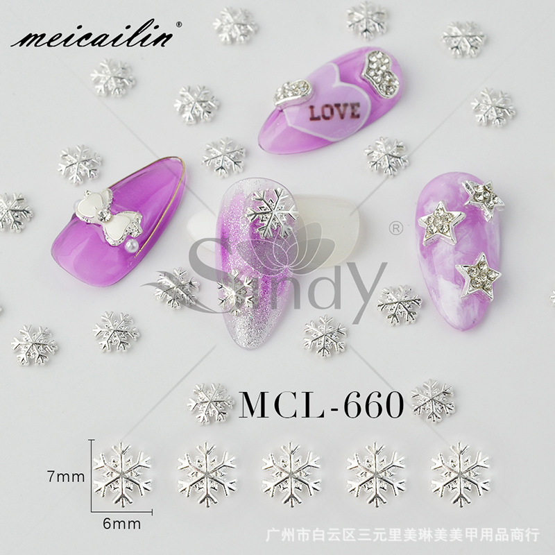 Cross-Border Christmas Manicure Nail Accessories Snowflake Alloy Silver Snowflake Nail Patches Wholesale Nail Stickers