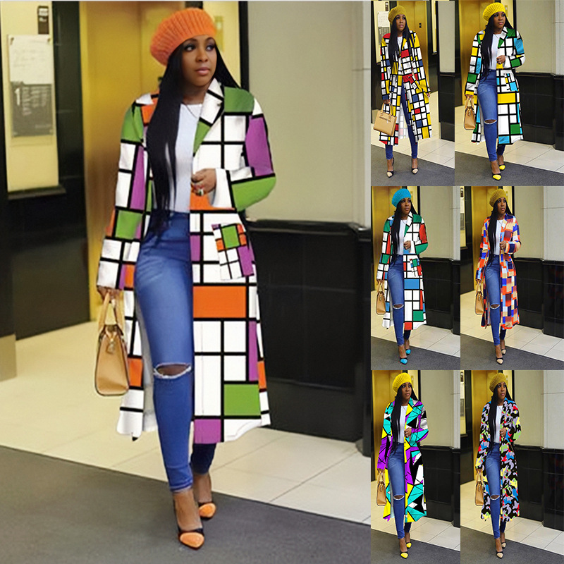 Autumn and winter New trench coat cross-border Amazon European and American plus size plaid printed double-breasted lapel coat coat women's coat Autumn and winter New trench coat cross-border Amazon European and American plus size plaid printed double-breasted lapel coat coat women's coat