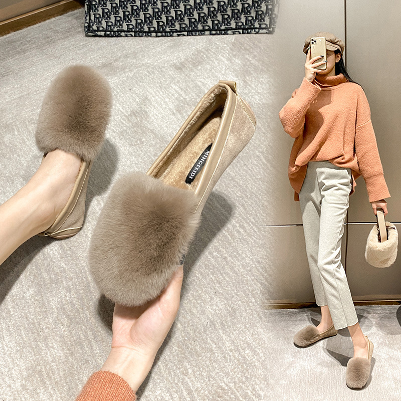 Mocasines forrados de lana para mujer Otoño e Invierno 2023 nuevos zapatos de felpa planos para mujer desgaste exterior slip-On Plus size Pumps 41-43