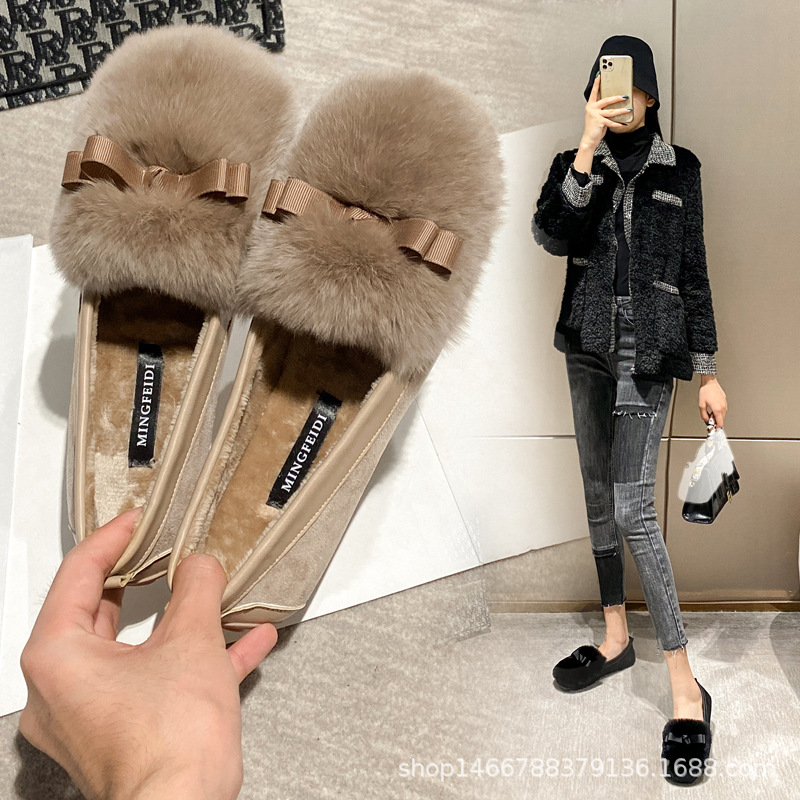 TODOS zapatos de piel de conejo Rex 2023 invierno nuevo estilo coreano zapatos planos de una sola capa forrados de lana más tamaño zapatos de piel desgaste exterior 41-43