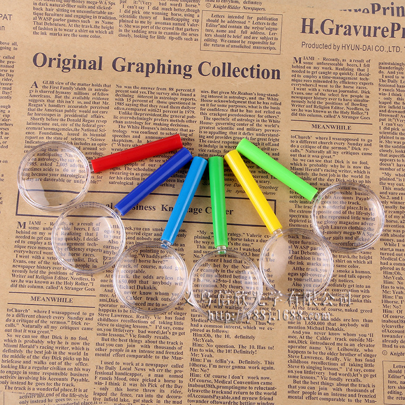 创意彩柄放大镜手持一元店热卖货源学生文具4倍塑料放大镜 批发