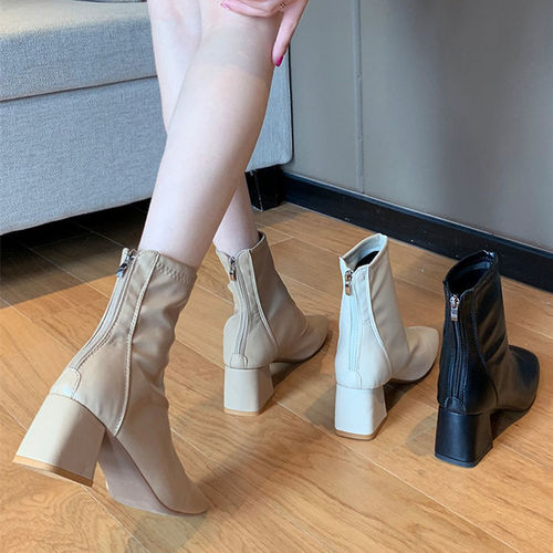 Martin boots women's British style 2024 spring and autumn new square toe thick heels internet celebrity high heels women's boots Chelsea short boots