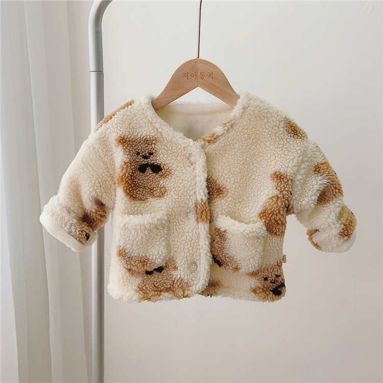 Ropa de invierno para Bebés Ropa de estilo coreano para niños bebé oso cabeza abrigo bebé niña forrado de lana cálida capa superior de dibujos animados