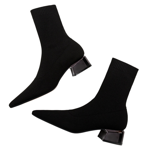 Slim Women's High Heel Pointed Mid-Cheel Short Boots Spring Single Boots Autumn/Winter Knitted Socks Boots Thick Heel Socks Boots