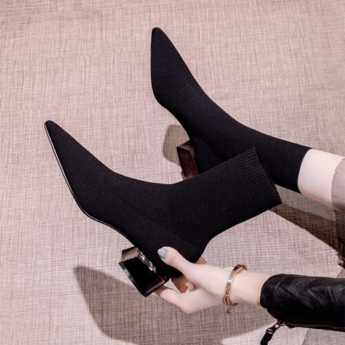 Slim Women's High Heel Pointed Mid-Cheel Short Boots Spring Single Boots Autumn/Winter Knitted Socks Boots Thick Heel Socks Boots