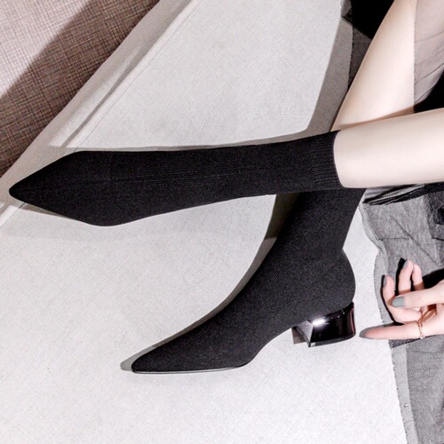 Slim Women's High Heel Pointed Mid-Cheel Short Boots Spring Single Boots Autumn/Winter Knitted Socks Boots Thick Heel Socks Boots