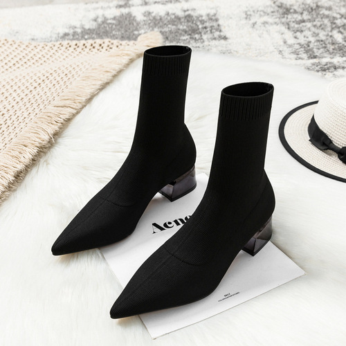 Slim Women's High Heel Pointed Mid-Cheel Short Boots Spring Single Boots Autumn/Winter Knitted Socks Boots Thick Heel Socks Boots