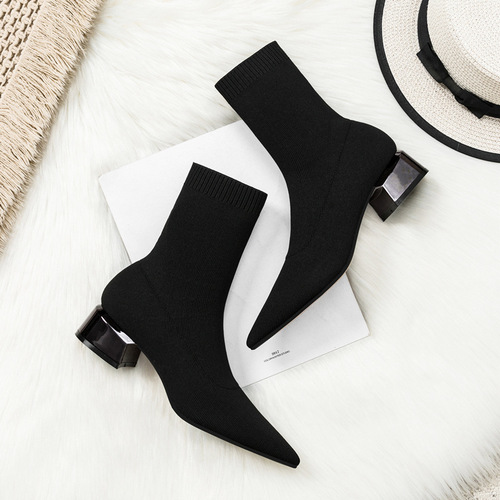 Slim Women's High Heel Pointed Mid-Cheel Short Boots Spring Single Boots Autumn/Winter Knitted Socks Boots Thick Heel Socks Boots