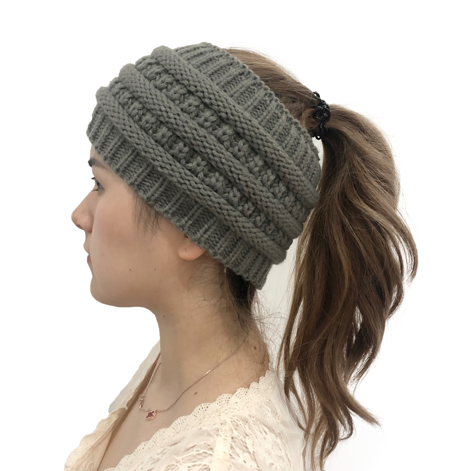 2020 Amazon European and American New Color Knitted Ponytail Hat Outdoor Warm No Top Striped Wool Hat Hair Band